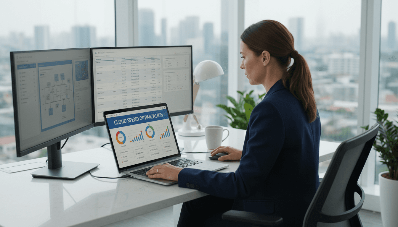 Consultant reviewing cloud cost dashboards on a laptop