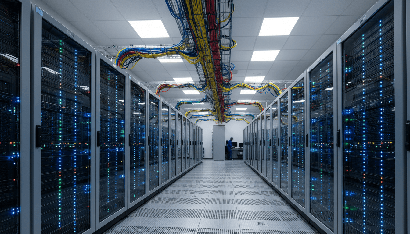 Modern data center with server racks and blue indicator lights