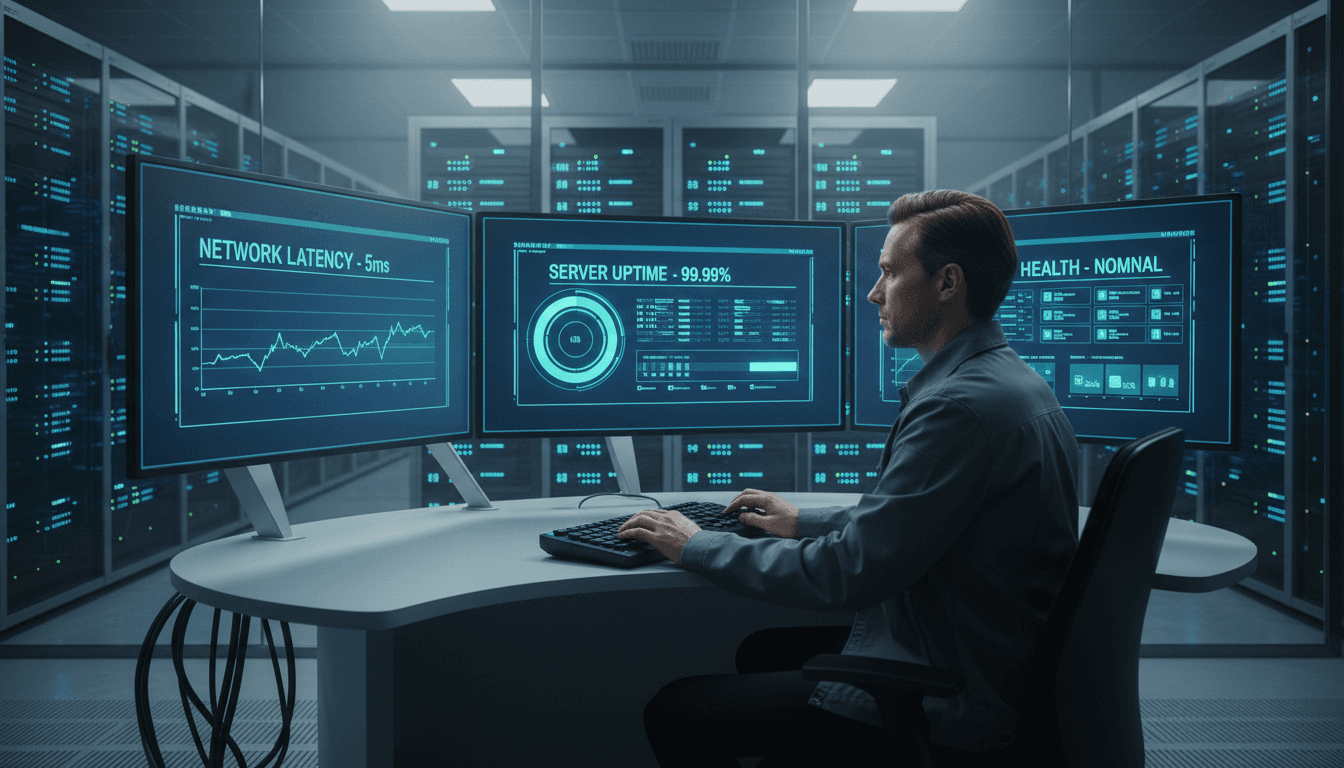 IT specialist adjusting server settings on a screen with graphs in a modern data center